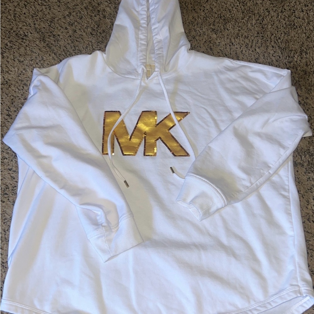 Michael Kors White Hoodie with Metallic Gold MK Emblem